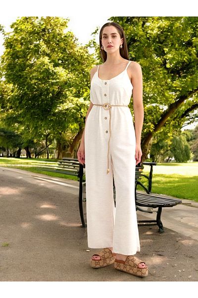 Seçkin Butik Women's Jumpsuit with Straw Belt and Straps and Buttons