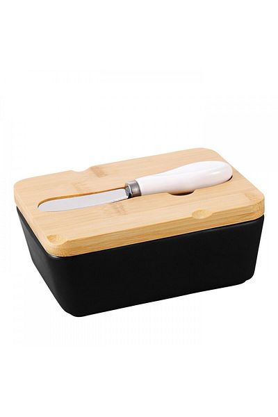 FLORINA Adria Black butter dish, porcelain, bamboo lid, butter knife included, 15.5 x 11 x 6 cm
