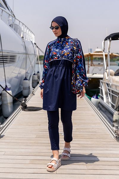 Minel Women's Navy Blue Full Covered Hijab Swimsuit Short Set of 2 K-060