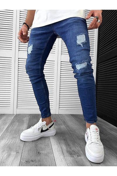 dehaine Blugi lungi, pentru barbati, slim fit, cu aspect decolorat si rupturi, 6122, albastru