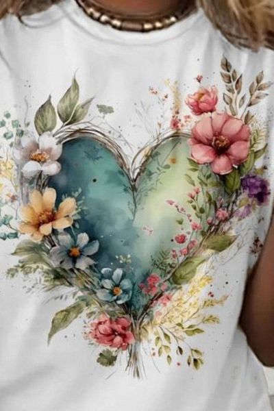 Mossta Short Sleeve Crew Neck Heart Patterned Single Jersey Blouse - White