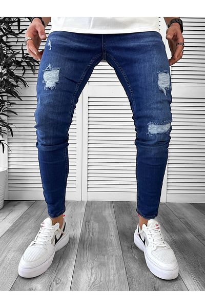 dehaine Blugi lungi, pentru barbati, slim fit, cu aspect decolorat si rupturi, 6122, albastru