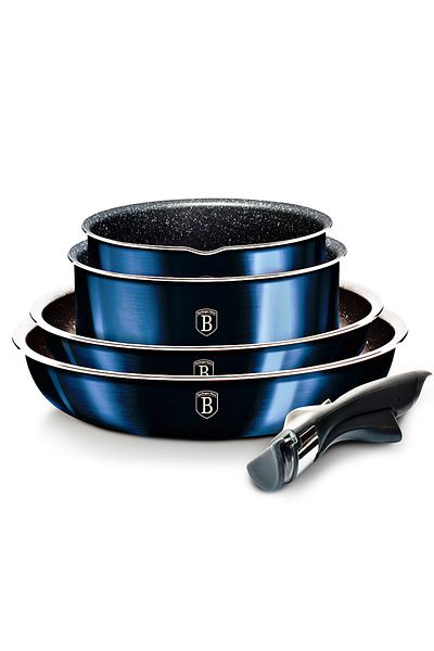 Berlinger Haus Nonstick Detachable Cookware Set 9 Pcs Oven Safe Induction Stackable Pots Aquamarine Metallic Line