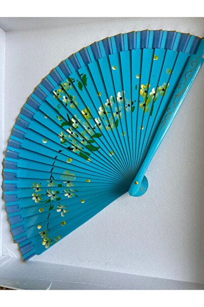 Andante Yelpaze Mavi Kaliteli Çiçek Desenli Japon Yelpaze