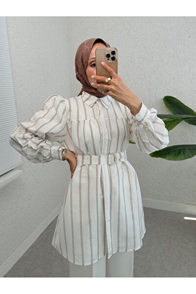 Modamorfo Μπεζ πουκάμισο με χοντρές ρίγες και ζώνη