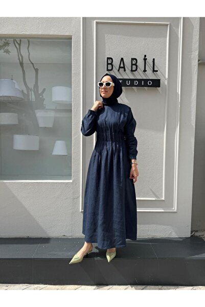 QOOQ STORE 25Ss403 Linen Draped Women's Dress Navy Blue