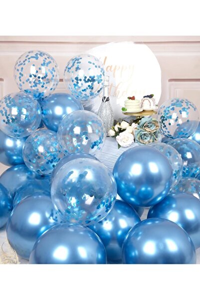 BALON DİYARI 25 Adet Mavi, Şeffaf Konfetili Lateks Helyum Balon Seti
