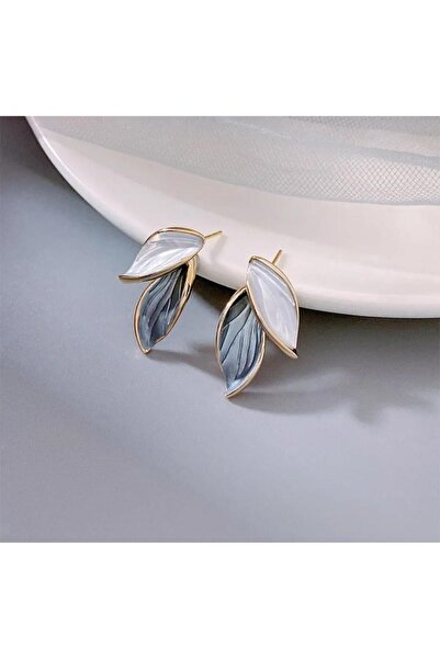 İnci Gri Beyaz Yaprak Tasarımlı Gold Çelik Küpe