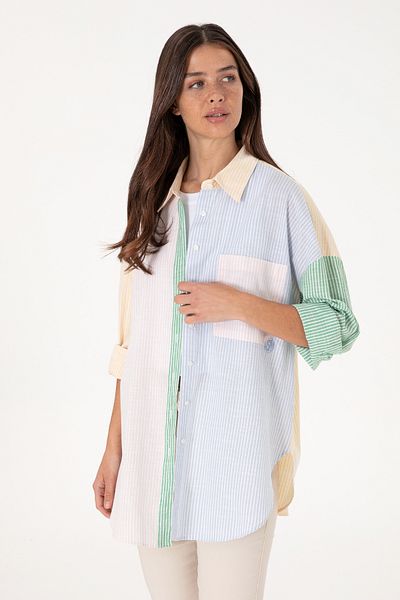 U.S. Polo Assn. Cămașă tunică cu mânecă lungă cu dungi roz deschis pentru femei 50305371-VR078