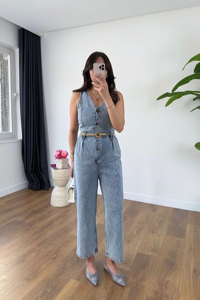 BİRCANÇİL Yeska Ice Blue Denim Belted Jumpsuit