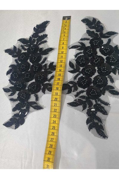 ESRA ŞELEM Black Small Floral Beaded Brode Guipure Applique Sewing Accessory 2 Pieces