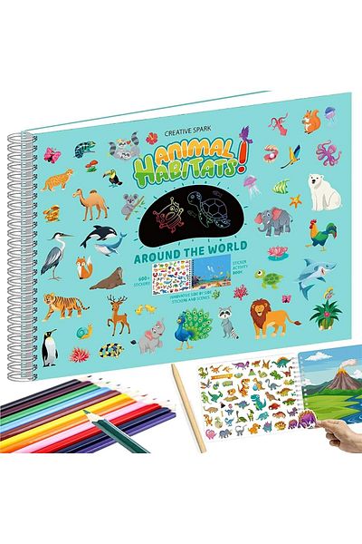 FizioTab ® Educational Book For Children, Reusable Stickers,colored Pencils Included, Animal Habitat
