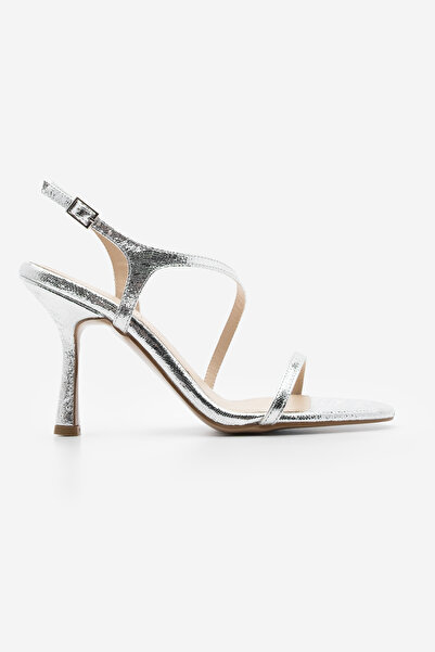 Marjin Silver Heeled Sandals - Oval Toe - Mogitcadı Toe Ankle Strap (Gx9688)