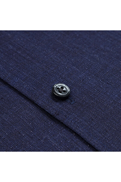 Germirli Lacivert Thomas Mason Non Iron Düğmeli Yaka Tailor Fit Keten Gömlek