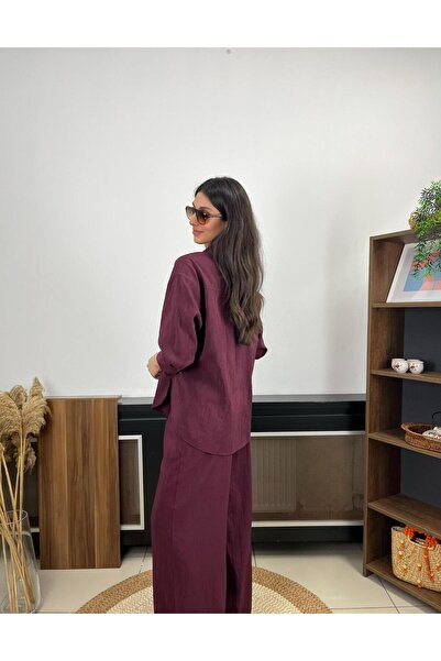 EGZOTİK ASORTİK Wrinkled Look Shirt Pants Set with Snap Side Detail