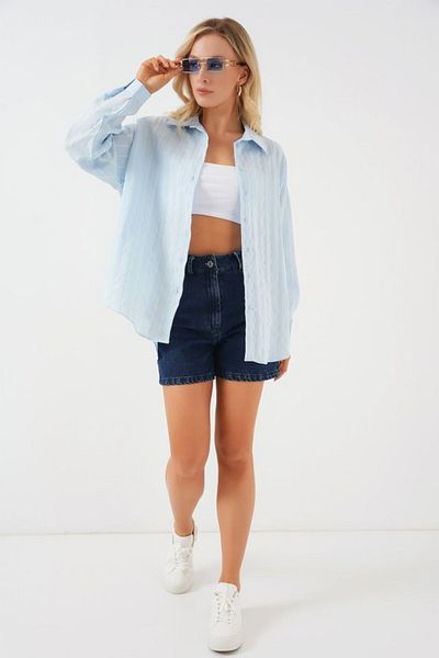 leyla sanat sanata yeni bir bakış açısı Leyla Sanat Sanata a New Perspective 3900 Oversize Long Basic Shirt - C.Blue