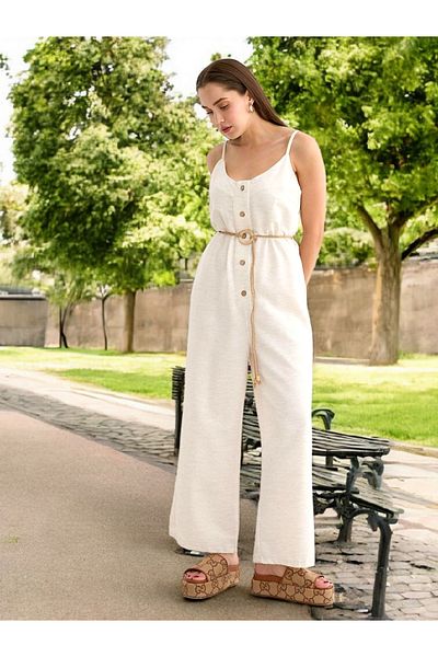 Seçkin Butik Women's Jumpsuit with Straw Belt and Straps and Buttons
