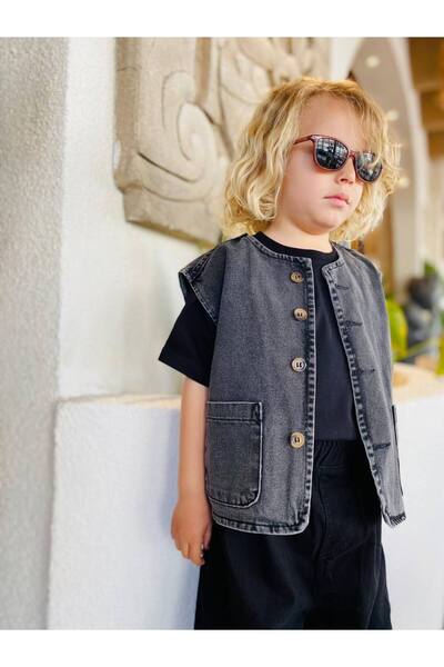 2kids2mom Denim Vest, Black T-Shirt and Anthracite Balloon Pants, Holiday Unisex 3-Piece Set