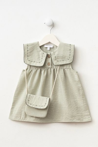 Minipodyum Baby Girl Collar Embroidered Bag Holiday Linen Dress