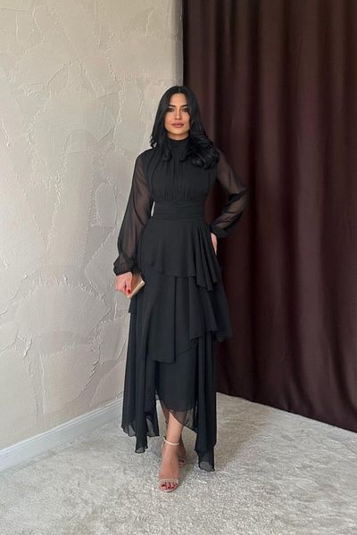 modaserdem Women's Black Waist Detailed Night-Graduation-Wedding-Evening Dress