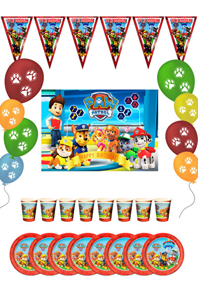 snowparty Paw Patrol Paw Petrol 8 Kişilik Bayraklı Afişli Doğum Günü Parti Sü...