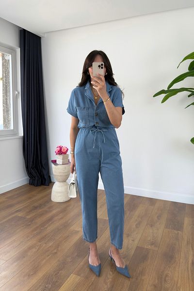 BİRCANÇİL Penka Blue Belted Denim Jumpsuit