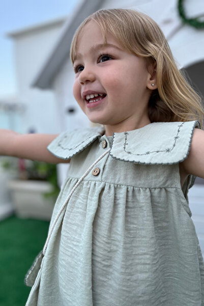 Minipodyum Kız Bebek Yakası Nakışlı Çantalı Bayramlık Keten Elbise