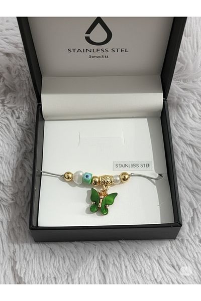 Esra Butik Hane Women's Stainless Steel – Green Butterfly Charm & Evil Eye Beaded Handmade Lucky Bracelet