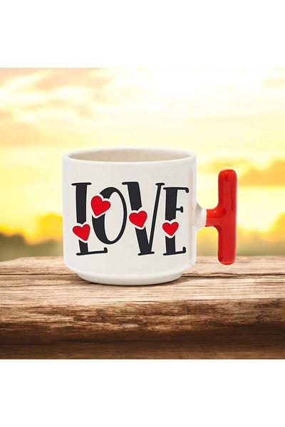BB TRADE Love Designed Red t Handle Ceramic Printed Mug 250 ml