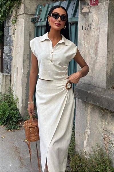 REKA MODA Blouse with Drawstring and Skirt with Buckle Linen Suit 10204
