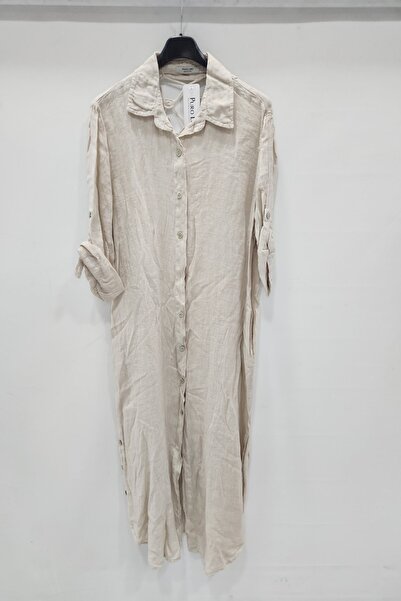 della moor Μπεζ ιταλικό φόρεμα πουκάμισο με δαντέλα στην πλάτη, αναδιπλούμενο με μανίκια 3/4