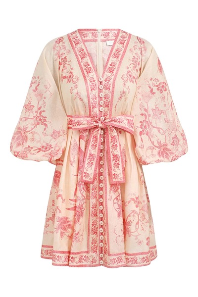 Zimmermann Lucky Plunge Mini Elbise V Yaka, Keten, Çiçek Desenli Yaz Stili