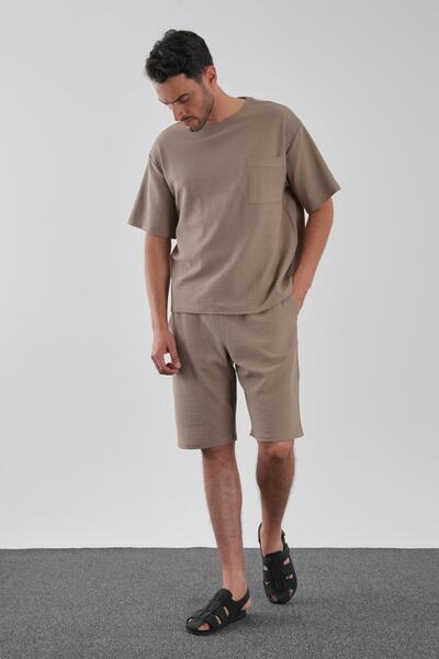 ALEXANDERGARDI Tie-Up Linen Look T-Shirt-Shorts Set with Pocket Detail
