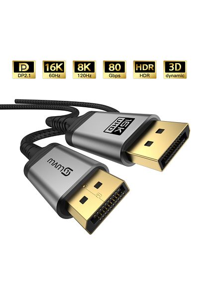 LUVLU Display Port 2.1 Braided Cable, 16K@60Hz, 8K@120Hz, 4k@240Hz, 80Gbps, DSC 1.2a, HDR, 3D, HDCP, 2m