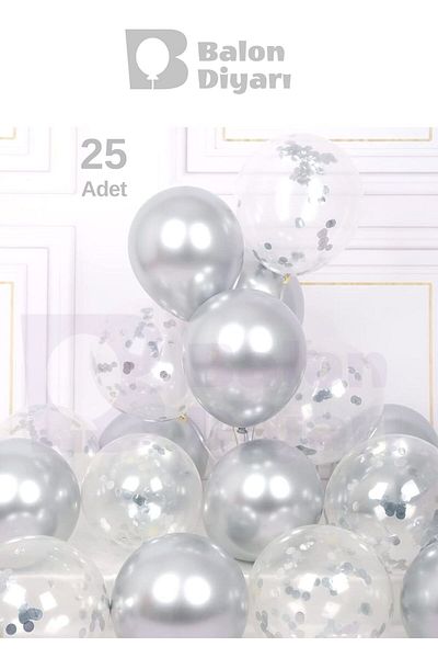 BALON DİYARI 25Pcs Latex Helium Balloon Set with Silver, Transparent Confetti