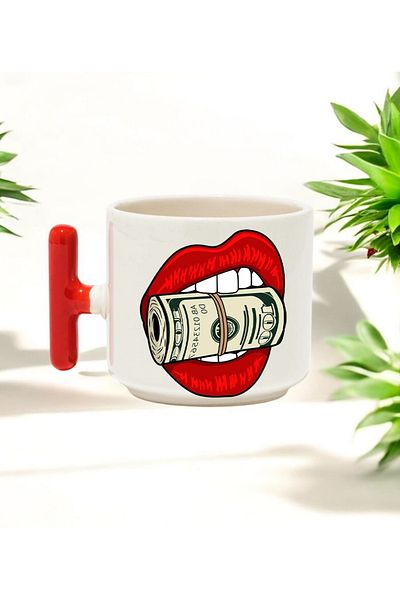 BB TRADE Dollar Design Red T-Handle Ceramic Printed Mug 250 ml