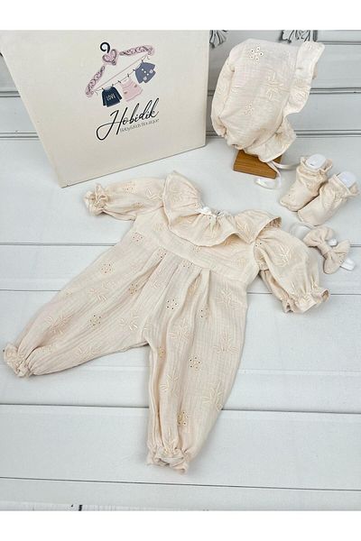 Hobidik Baby Girl Ruffle Collar Cream Scalloped Double Layer Muslin Jumpsuit