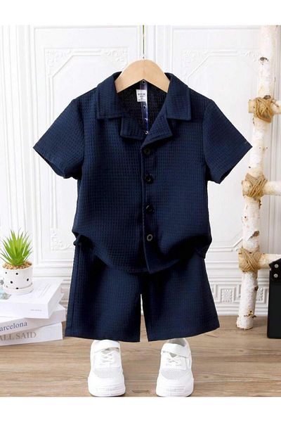Bubito V-Neck Shirt Detailed Cotton Waffle Shorts Set-Navy Blue