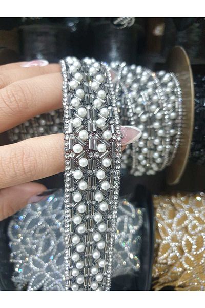 ESRA ŞELEM Silver Color Beaded Decorative Strip Accessory That Sticks with Iron
