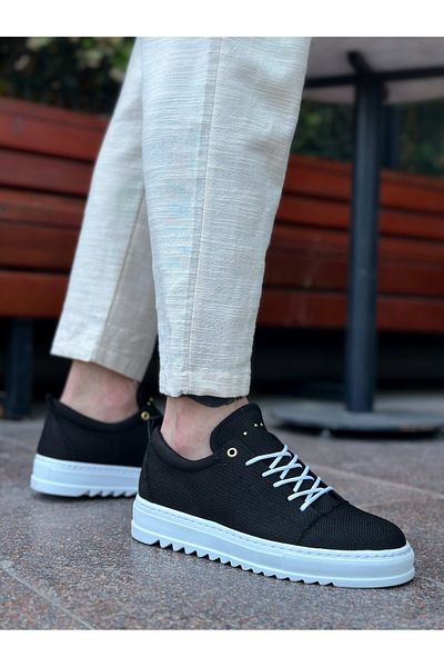 BOA BA0152 Black Linen Men's Shoes - High Sole and Laces