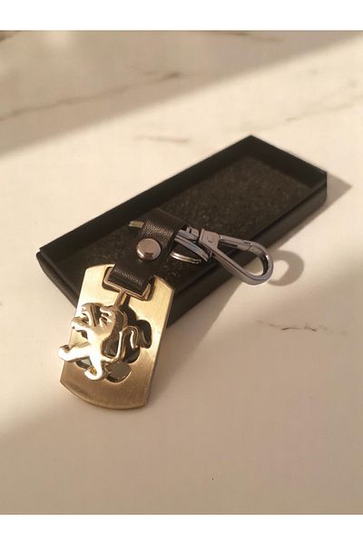 Land of Souvenir Elegantly Designed Leather and Metal Peugeot Compatible Car Keychain in Golden Yellow Color