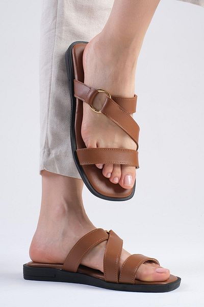 Mio Gusto Tan Colored Genuine Leather - Blunt Toe Women's Flat Slippers