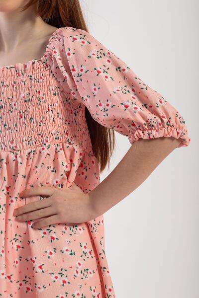 zepkids Göğsü Gipeli Çiçek Desenli Pembe Renk Kız Çocuk Elbise