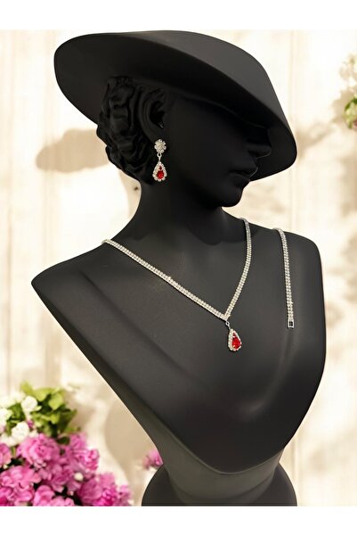 BEREN KILIÇ مجموعة مجوهرات من حجر الكريستال الأحمر الوردي، قلادة وأقراط وسوار، مجموعة هدايا لحفلات الزفاف ووعد الخطوبة، مجموعة مجوهرات الزفاف