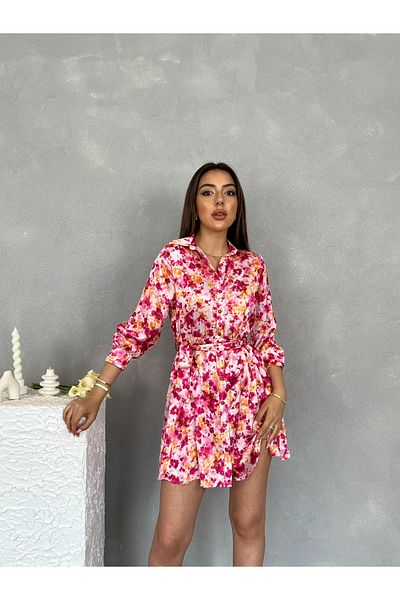 Nesil Patterned Belted Satin Mini Dress
