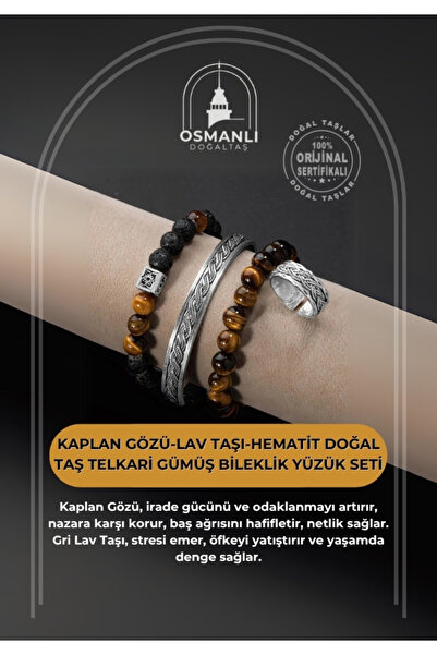 OSMANLI DOĞAL TAŞ Kaplan Gözü-Lav Taşı-Hematit Doğal Taş Telkari Gümüş Bileklik Yüzük Seti