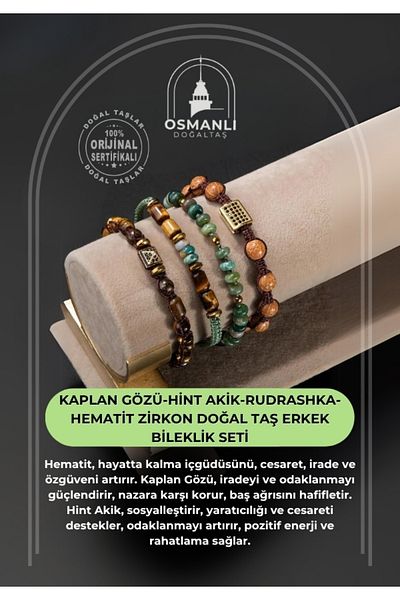 OSMANLI DOĞAL TAŞ Tiger Eye-Indian Agate-Rudrashka-Hematite Zircon Natural Stone Men's Bracelet Set