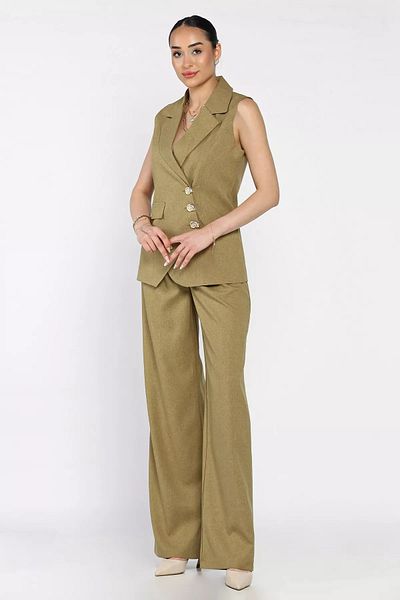 GÜLSELİ Oil Green Double Breasted Collar Lined Vest Pants Double Suit