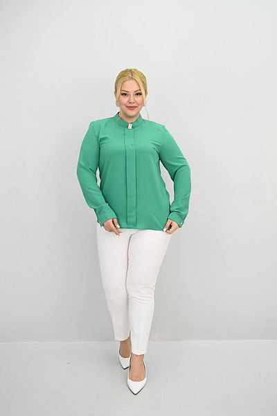 Koza Butik Women's Plus Size Judge Collar Stone Brooch Detailed Blouse 0034-25