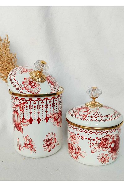 EBRULİEMAYE Red Drop Rose Enamel Double Jar Set 15 cm and 9 cm Tea Sugar Coffee Jar Sugar Bowl